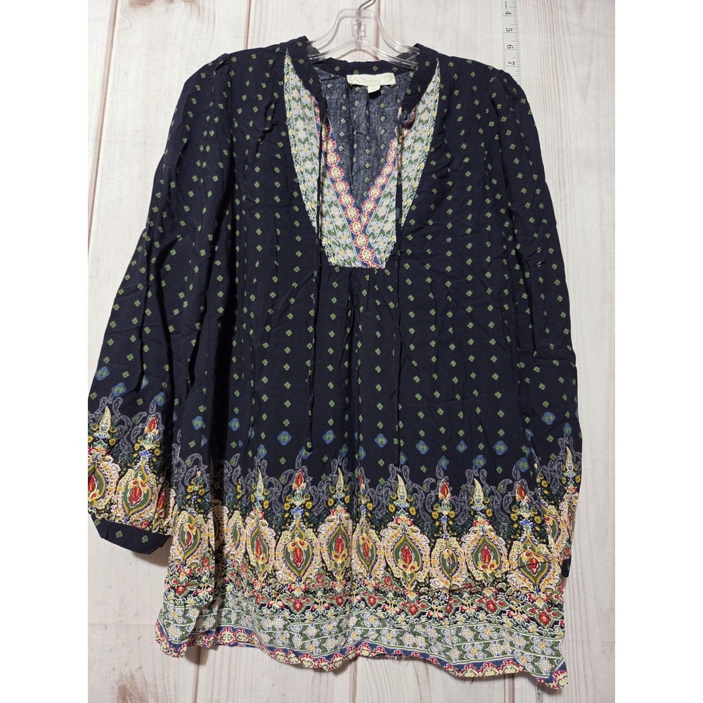 Suzanne Betro Blouse Womens Small Navy Blue Boho Peasant Top‎ Rayon Patterned
